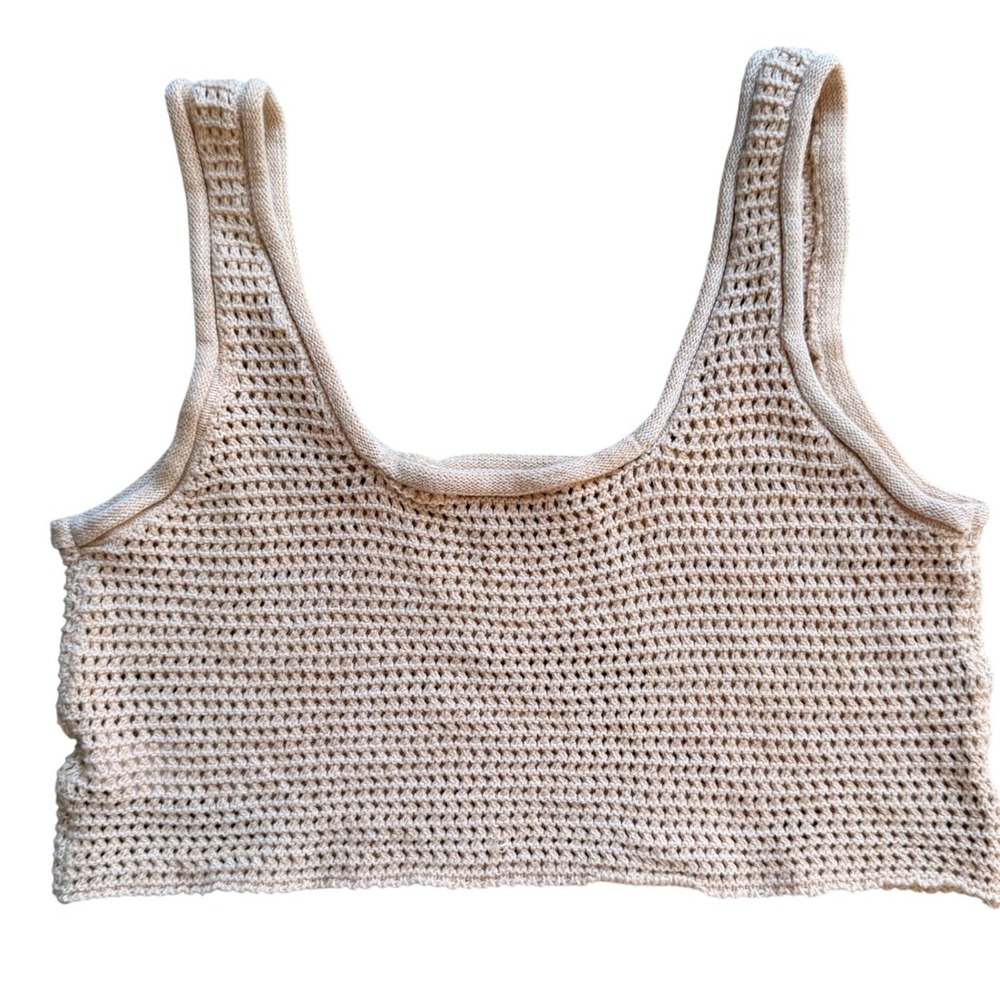 Lulus Crochet‎ Knit Crop Top Womens Medium Beige Scoop Neck Boho Summer Festival